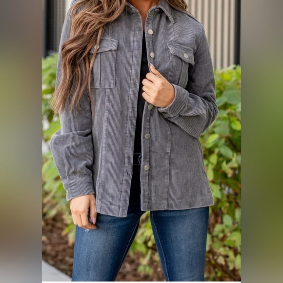BiBi Corduroy Button Down Jacket - Charcoal Color - Picture 3 of 6
